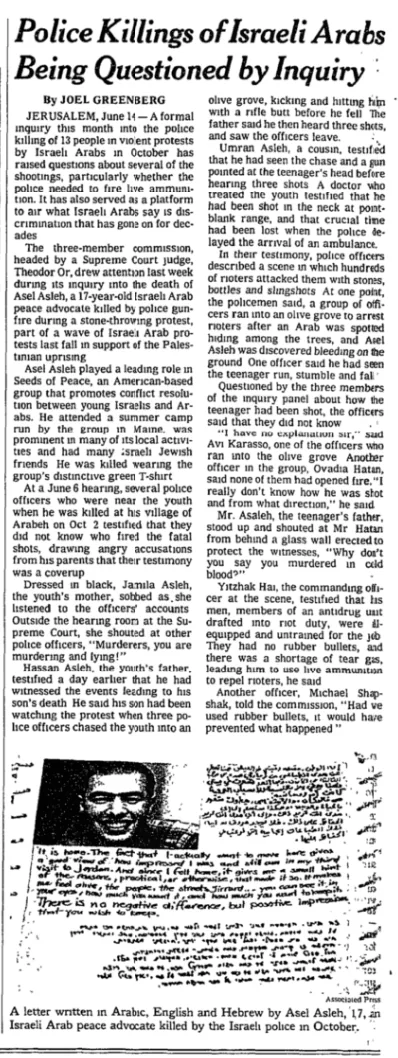 Police Killings of Israeli Arabs Being Questioned by Inquiry &mdash; New York Times, 15 June 2001