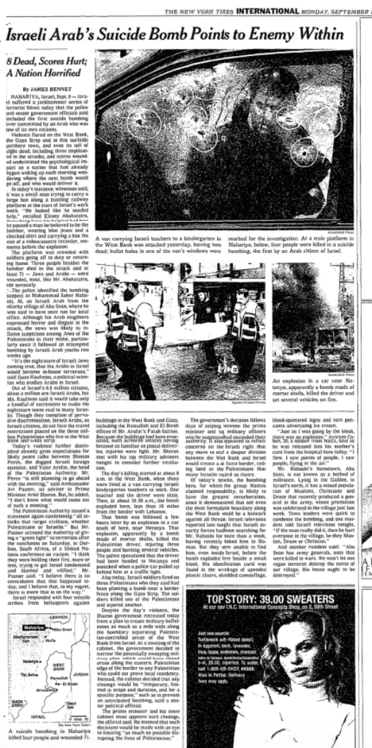 8 Dead, Scores Hurt; A Nation Horrified &mdash; New York Times, 10 September 2001