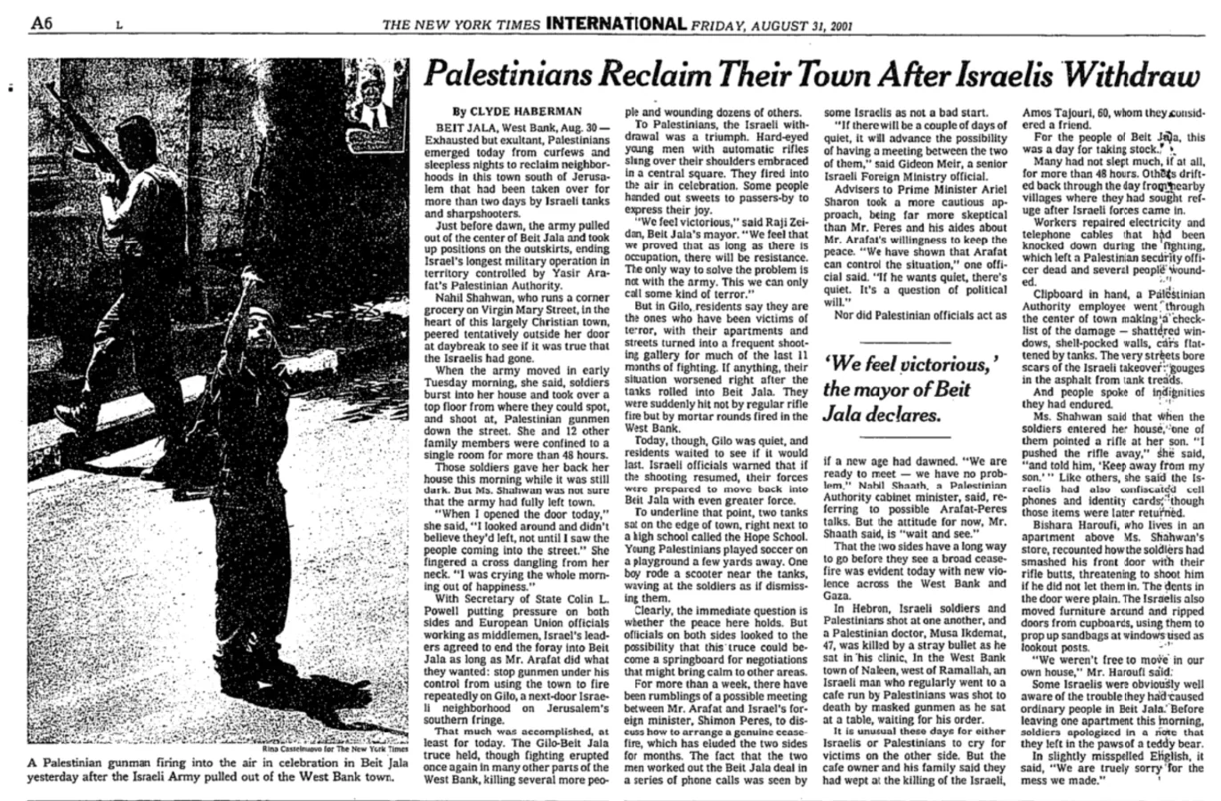 Clyde Haberman from Jerusalem &mdash; The New York Times, 31 August 2001