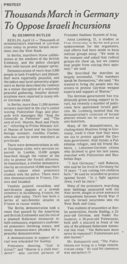 Thousands March in Germany To Oppose Israeli Incursions — The New York Times, 14 April 2002