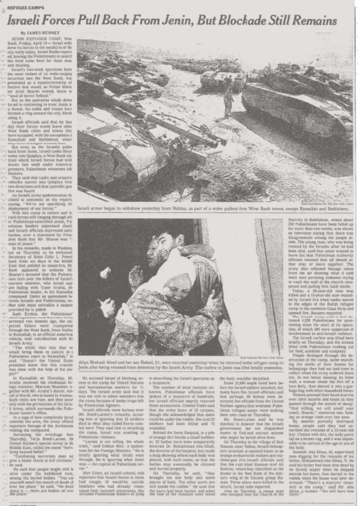 Israeli Forces Pull Back From Jenin, But Blockade Still Remains — The New York Times, 19 April 2002