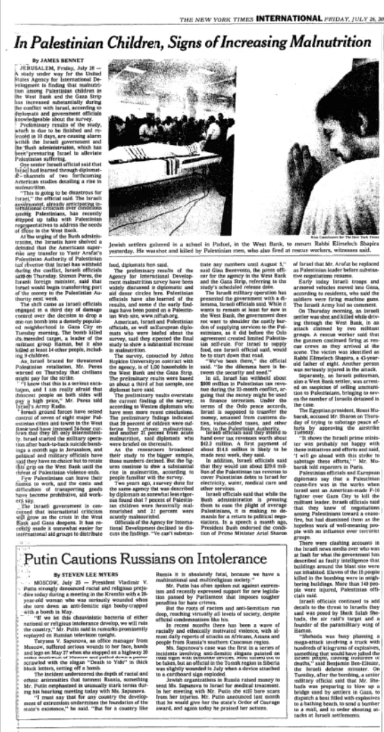 In Palestinian Children, Signs of Increasing Malnutrition &mdash; The New York Times, 26 July 2002