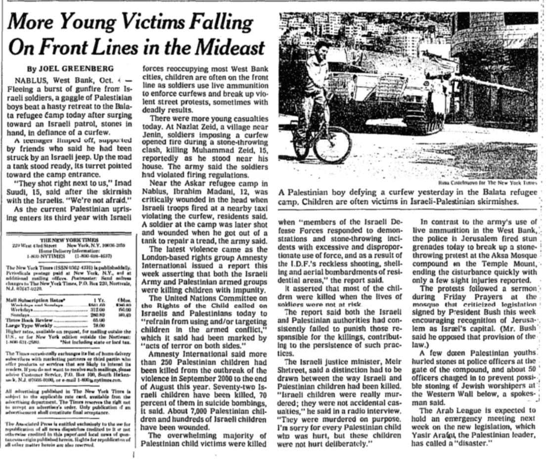 More Young Victims Falling On Front Lines in the Mideast &mdash; The New York Times, 5 October 2002