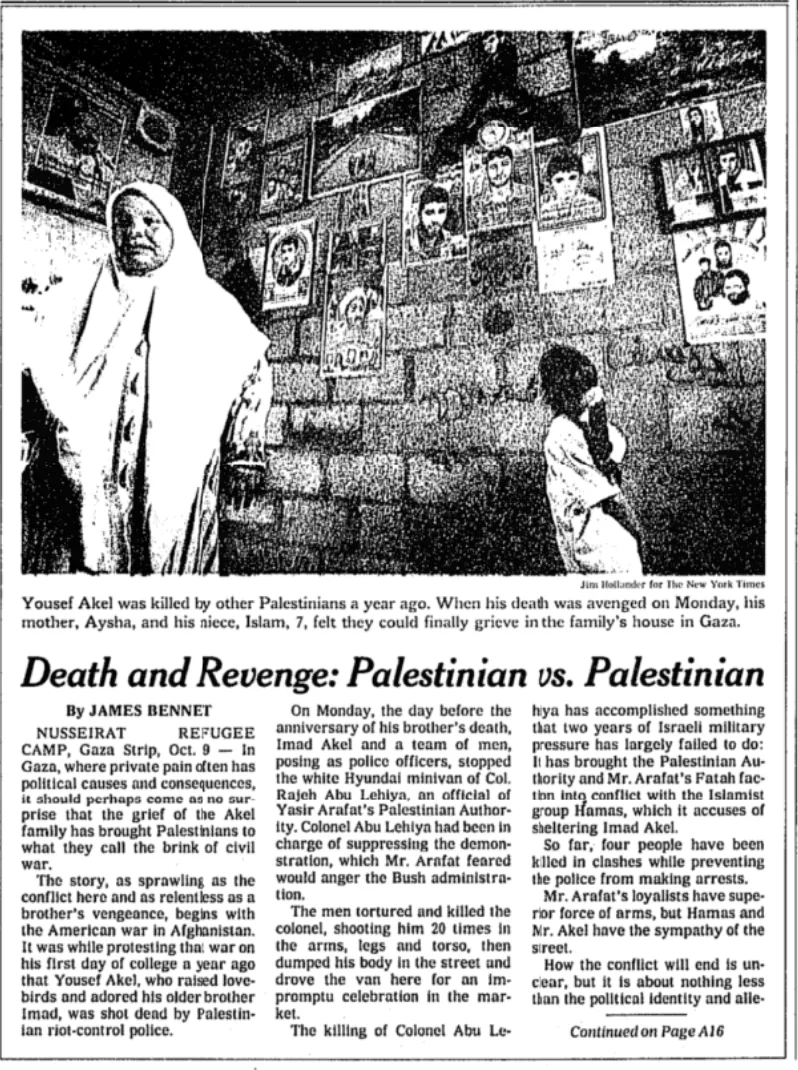 Death and Revenge: Palestinian vs. Palestinian — New York Times, 10 October 2002