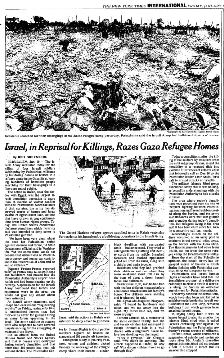Israel, in Reprisal for Killings, Razes Gaza Refugee Homes &mdash; The New York Times, 11 January 2002