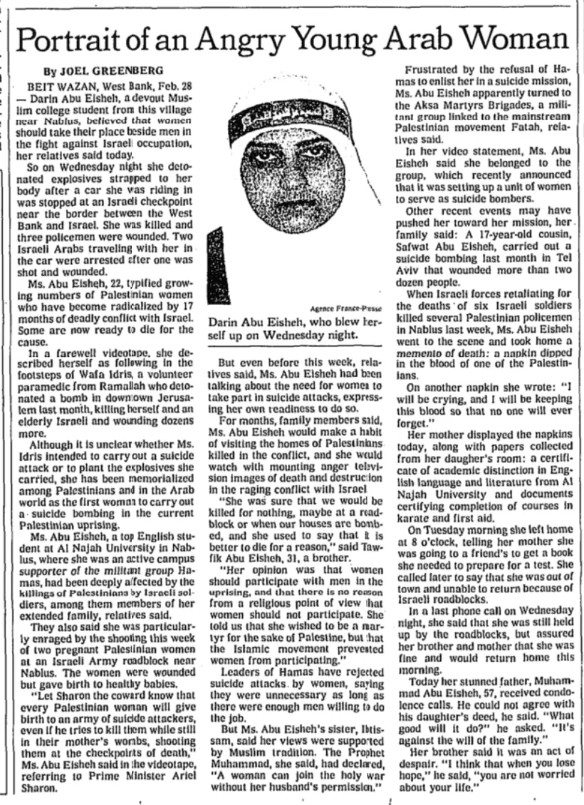 Portrait of an Angry Young Arab Woman — New York Times, 1 March 2002