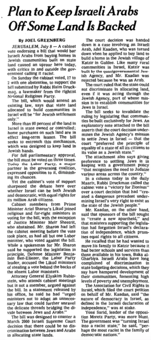 Plan to Keep Israeli Arabs Off Some Land Is Backed &mdash; New York Times, 9 July 2002