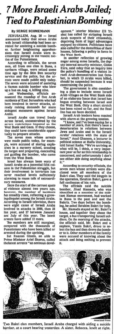 7 More Israeli Arabs Jailed; Tied to Palestinian Bombing — New York Times, 27 August 2002