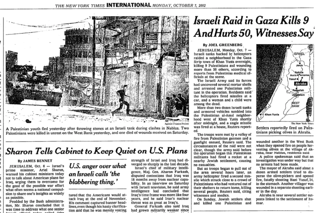 Israeli Raid in Gaza Kills 9 And Hurts 50, Witnesses Say &mdash; The New York Times, 7 October 2002