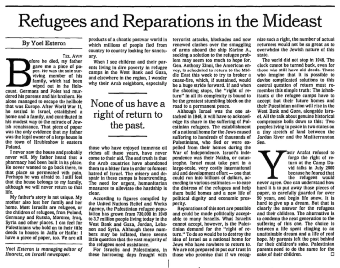 Refugees and Reparations in the Mideast — The New York Times, 13 January 2002