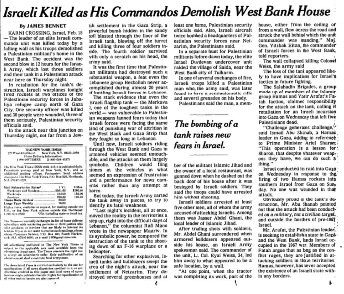 Israeli Killed as His Commandos Demolish West Bank House &mdash; The New York Times, 16 February 2002