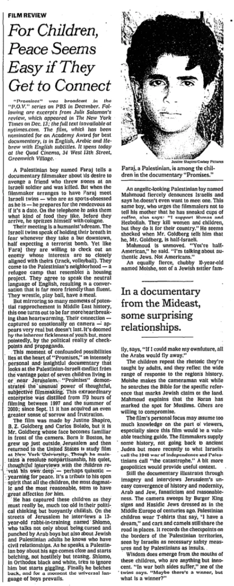 For Children, Peace Seems Easy if They Get to Connect &mdash; The New York Times, 15 March 2002