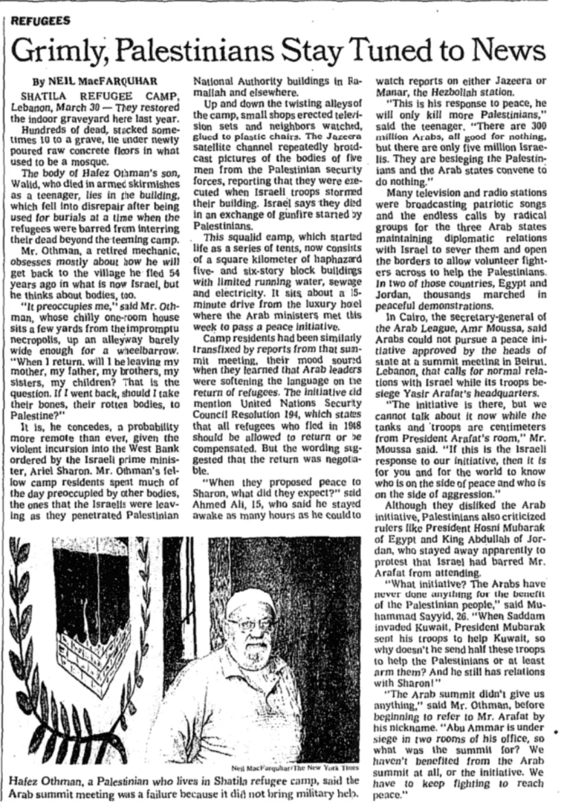 Grimly, Palestinians Stay Tuned to News — The New York Times, 31 March 2002