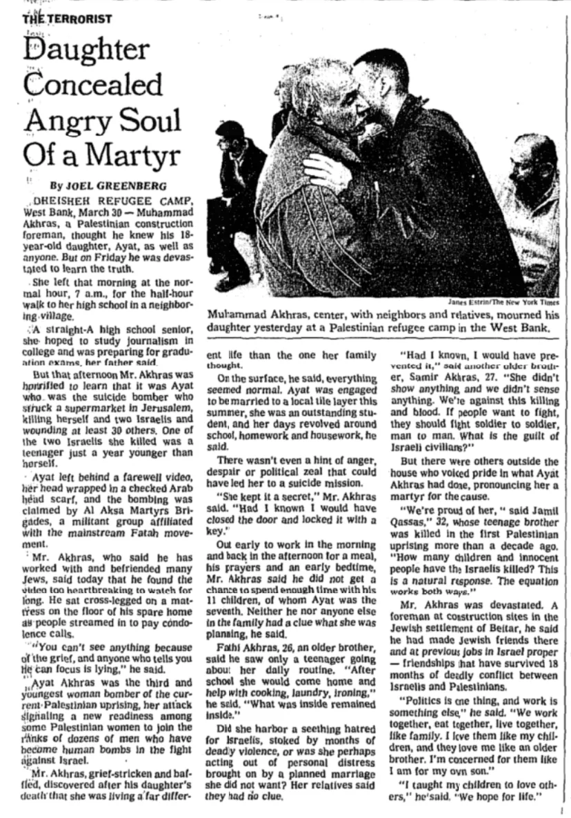 Daughter Concealed Angry Soul Of a Martyr &mdash; The New York Times, 31 March 2002