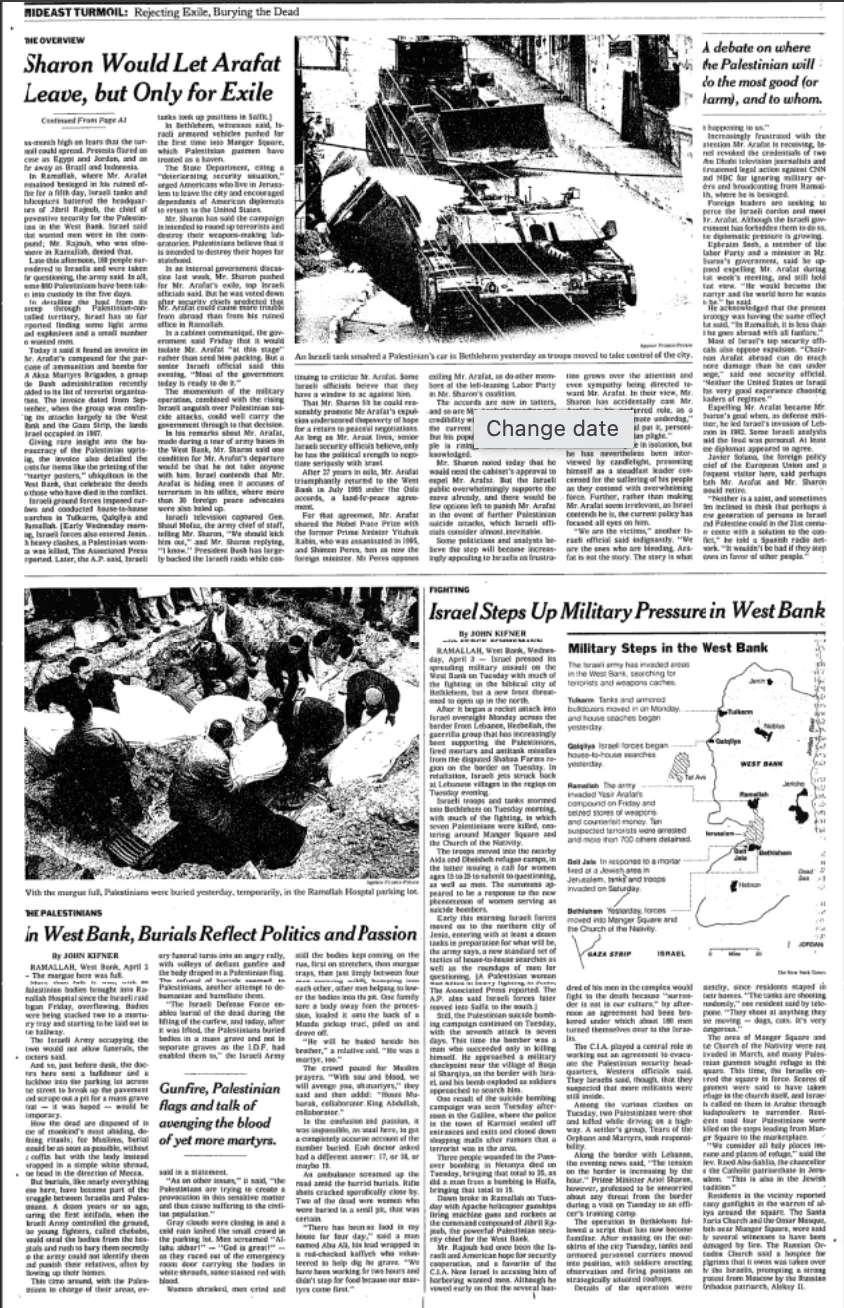 Sharon Would Let Arafat Leave, but Only for Exile &mdash; The New York Times, 3 April 2002