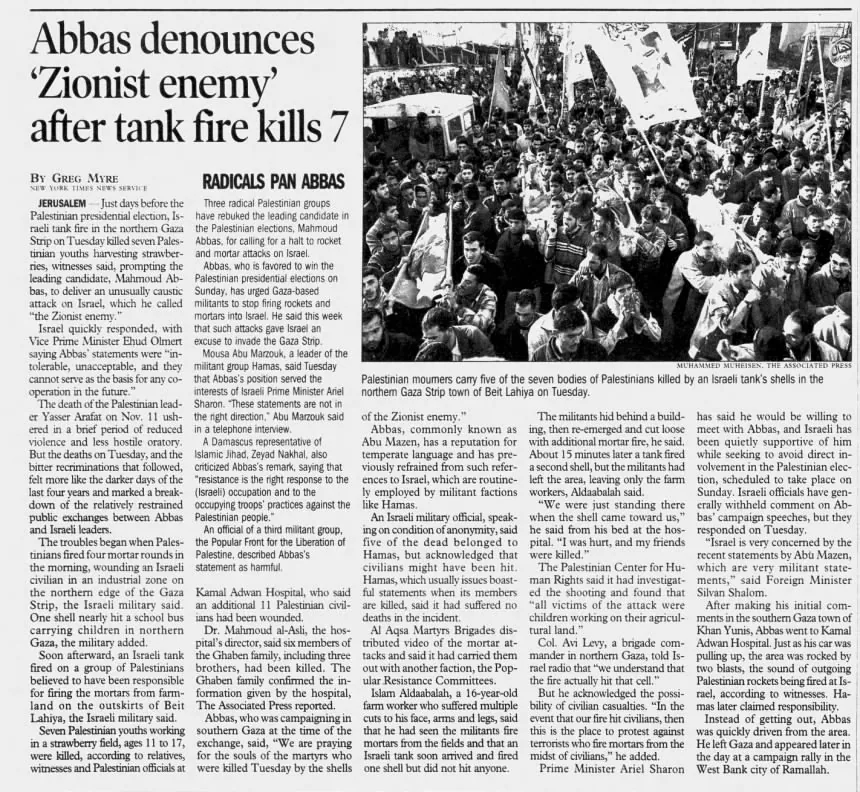 Abbas denounces Zionist enemy' after tank fire kills 7 &mdash; Desert Sun, 5 January 2005