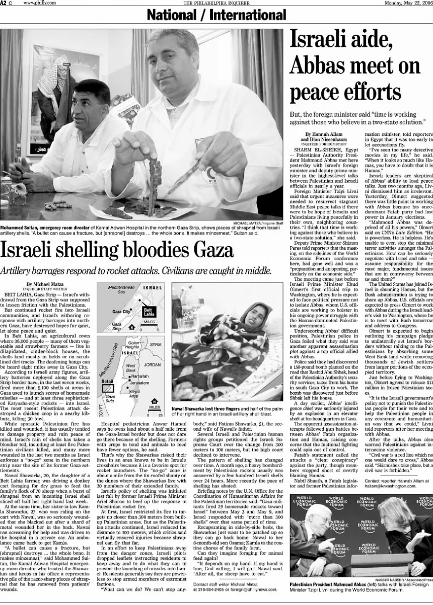 Israeli aide, Abbas meet on peace efforts &mdash; The Philadelphia Inquirer, 22 May 2006