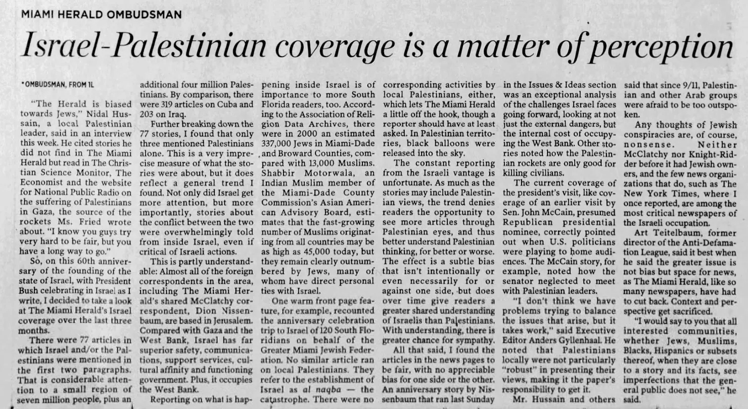 Israel-Palestinian coverage is a matter of perception — The Miami Herald, 18 May 2008