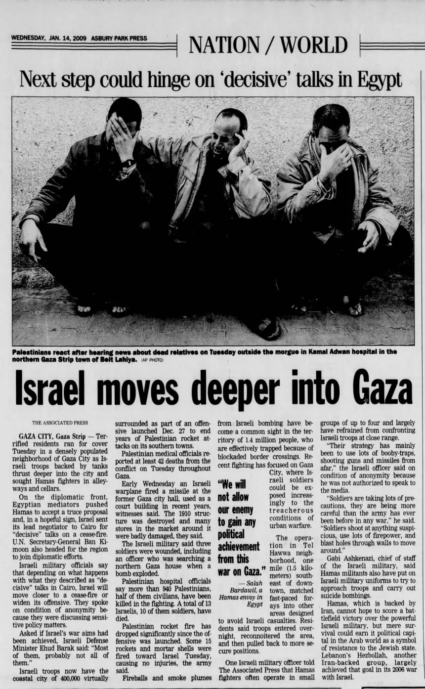 NATION / WORLD Next step could hinge on 'decisive' talks in Egypt &mdash; Asbury Park Press, 14 January 2009