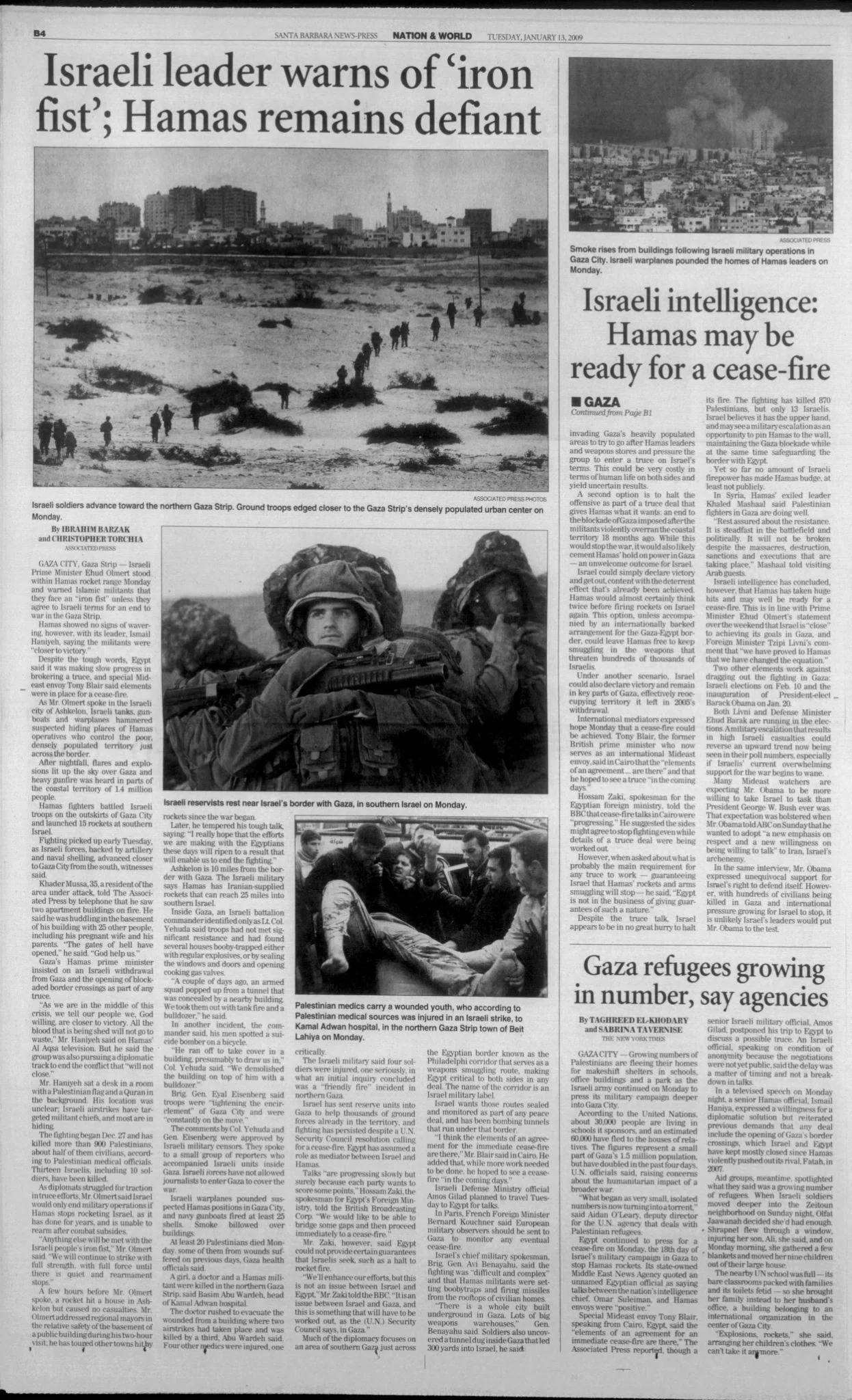 Israeli leader warns of 'iron fist'; Hamas remains defiant &mdash; Santa Barbara News Press, 13 January 2009