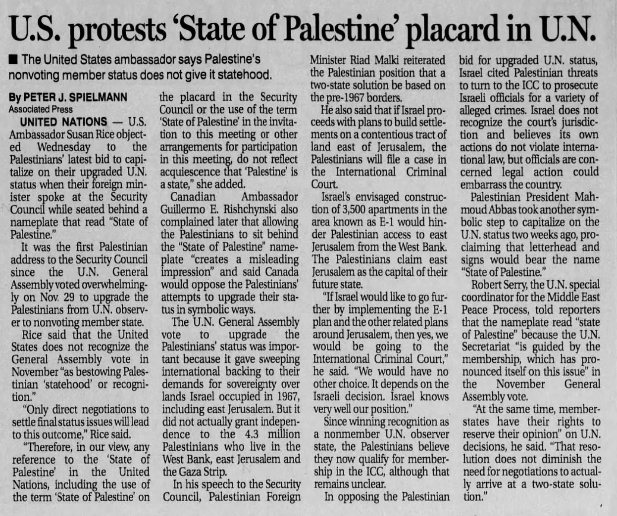 U.S. protests ‘State of Palestine’ placard in U.N. &mdash; Press of Atlantic City, 24 January 2013