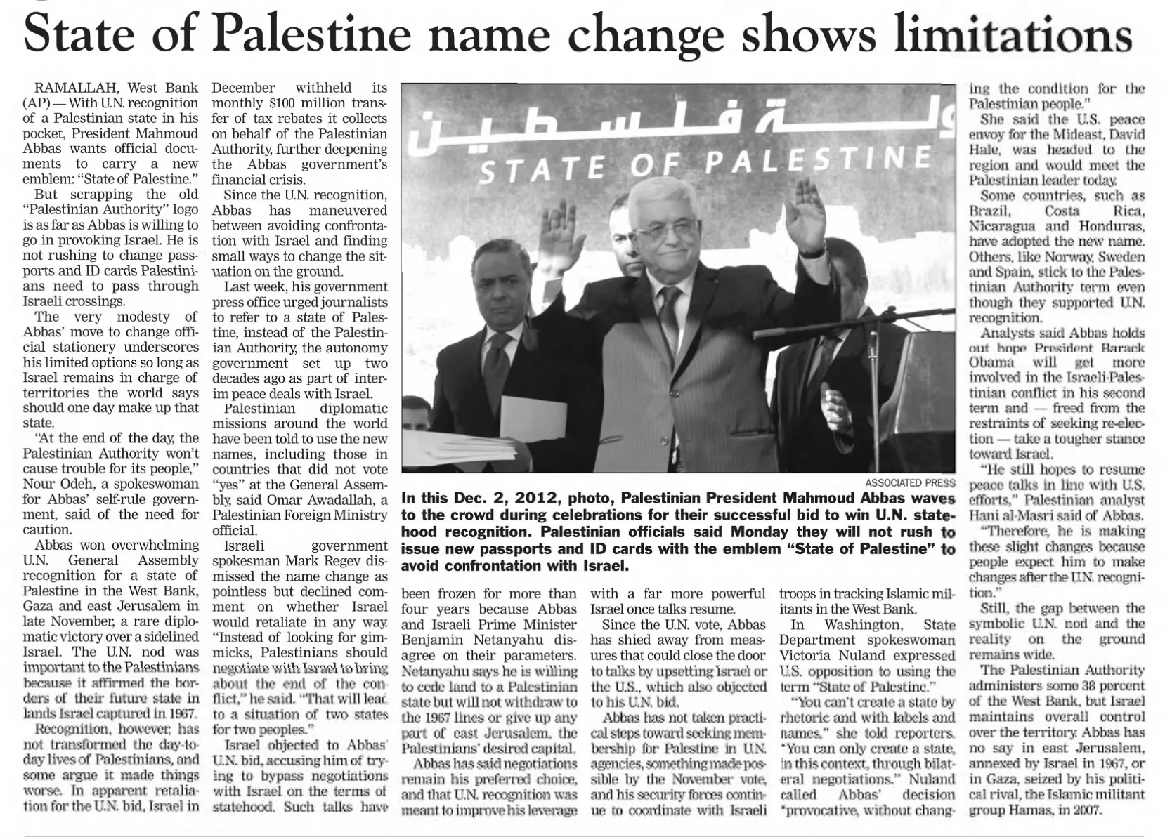 State of Palestine name change shows limitations &mdash; The Globe, 8 January 2013