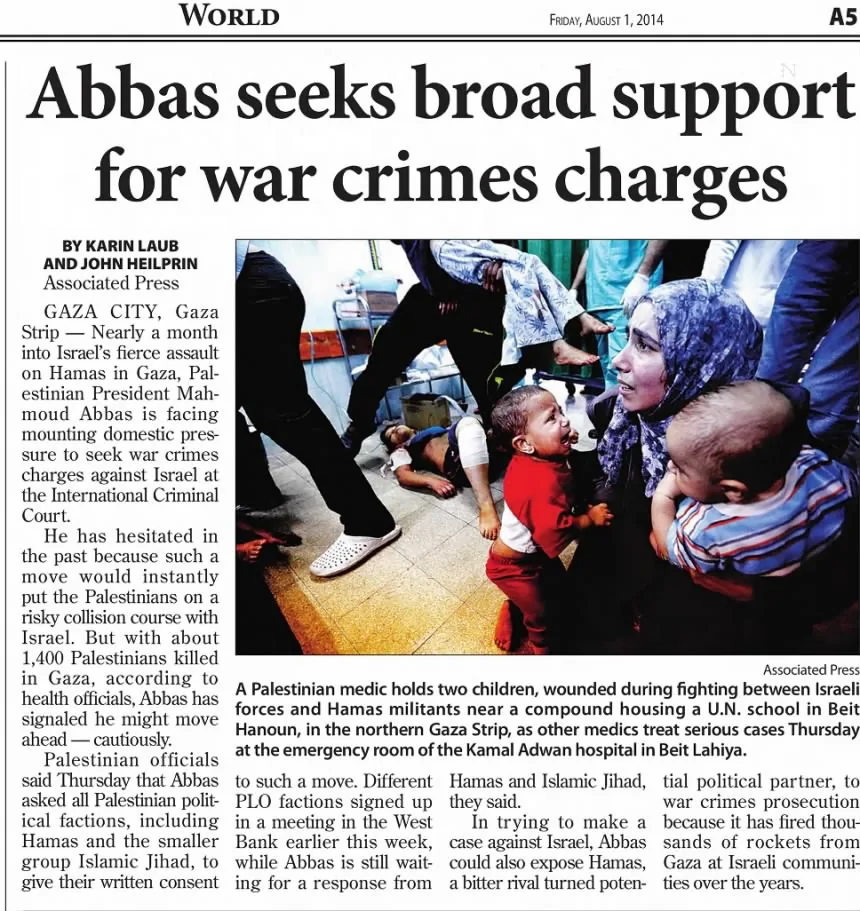 Abbas seeks broad support for war crimes charges &mdash; Daily Dispatch, 1 August 2014