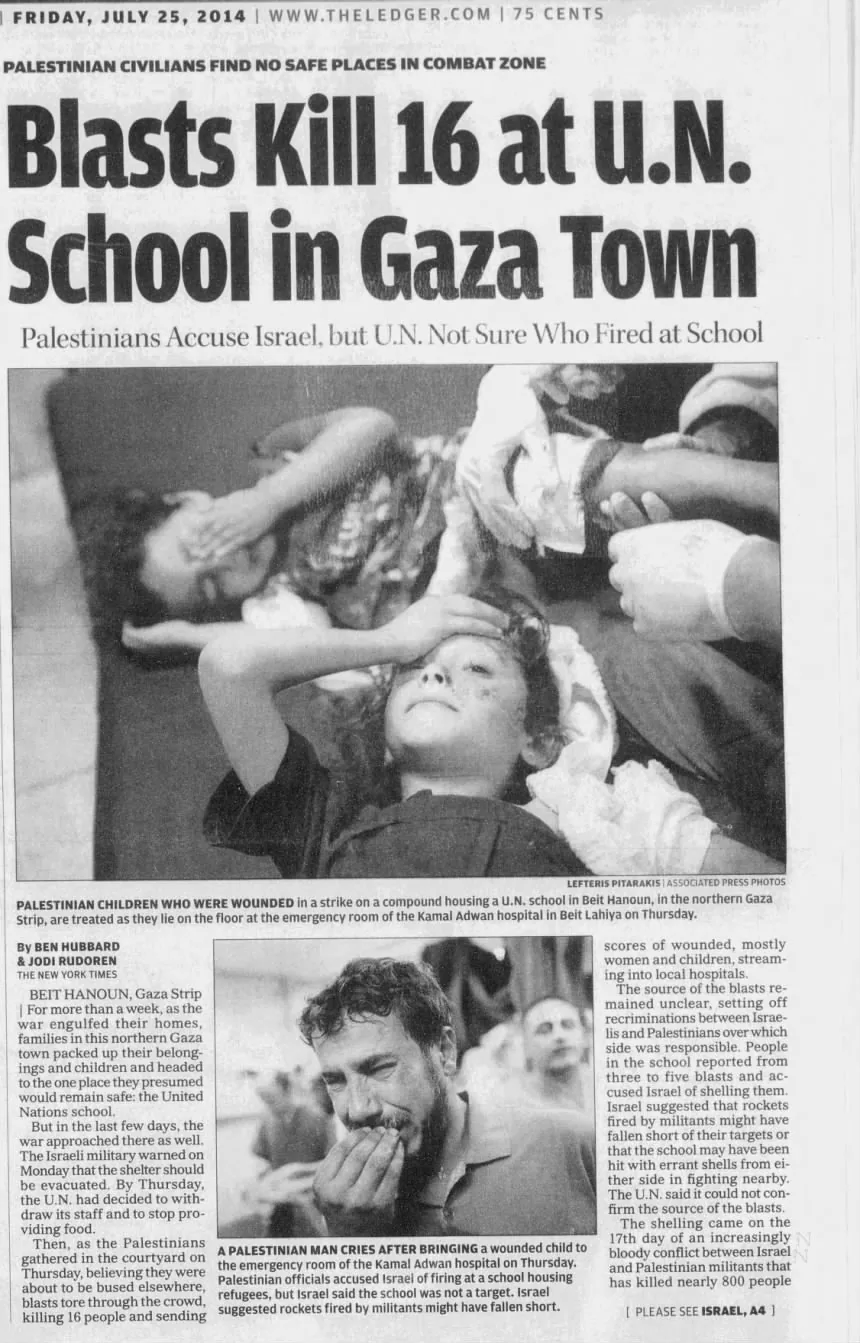 Blasts Kill 16 at U.N. School in Gaza Town &mdash; The Ledger, 25 July 2014