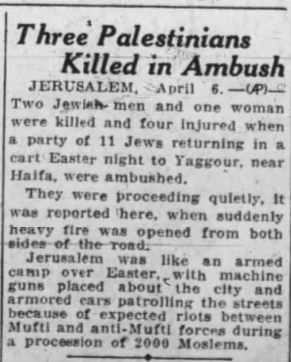Three Palestinians Killed in Ambush &mdash; Oakland Tribune, 6 April 1931
