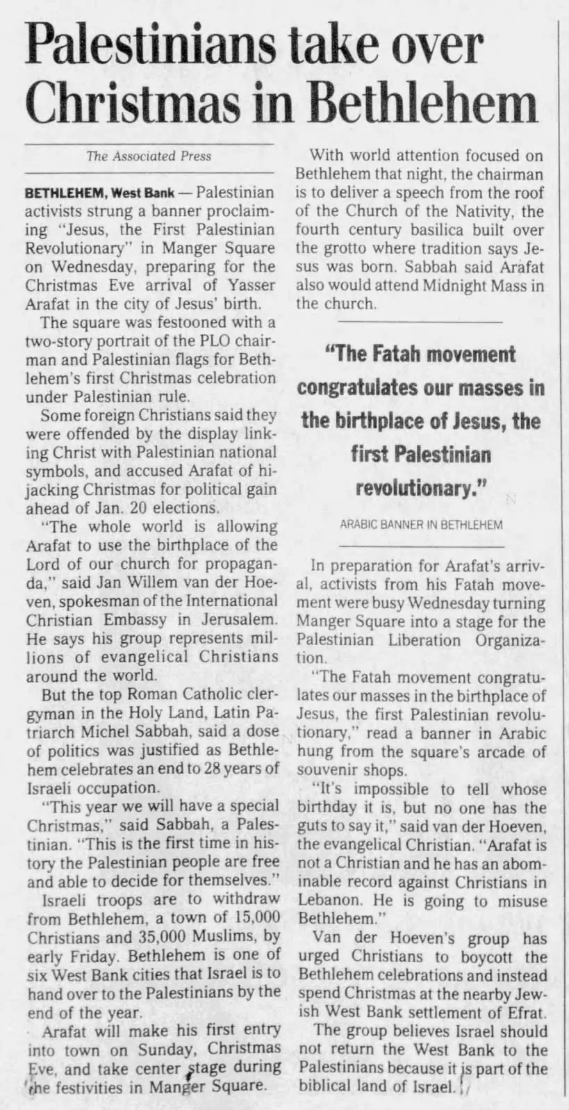 Palestinians take over Christmas in Bethlehem — The State, 21 December 1995