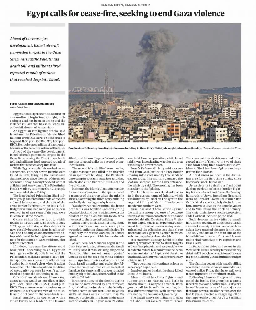 Egypt calls for cease-fire, seeking to end Gaza violence — Ann Arbor News, 8 August 2022