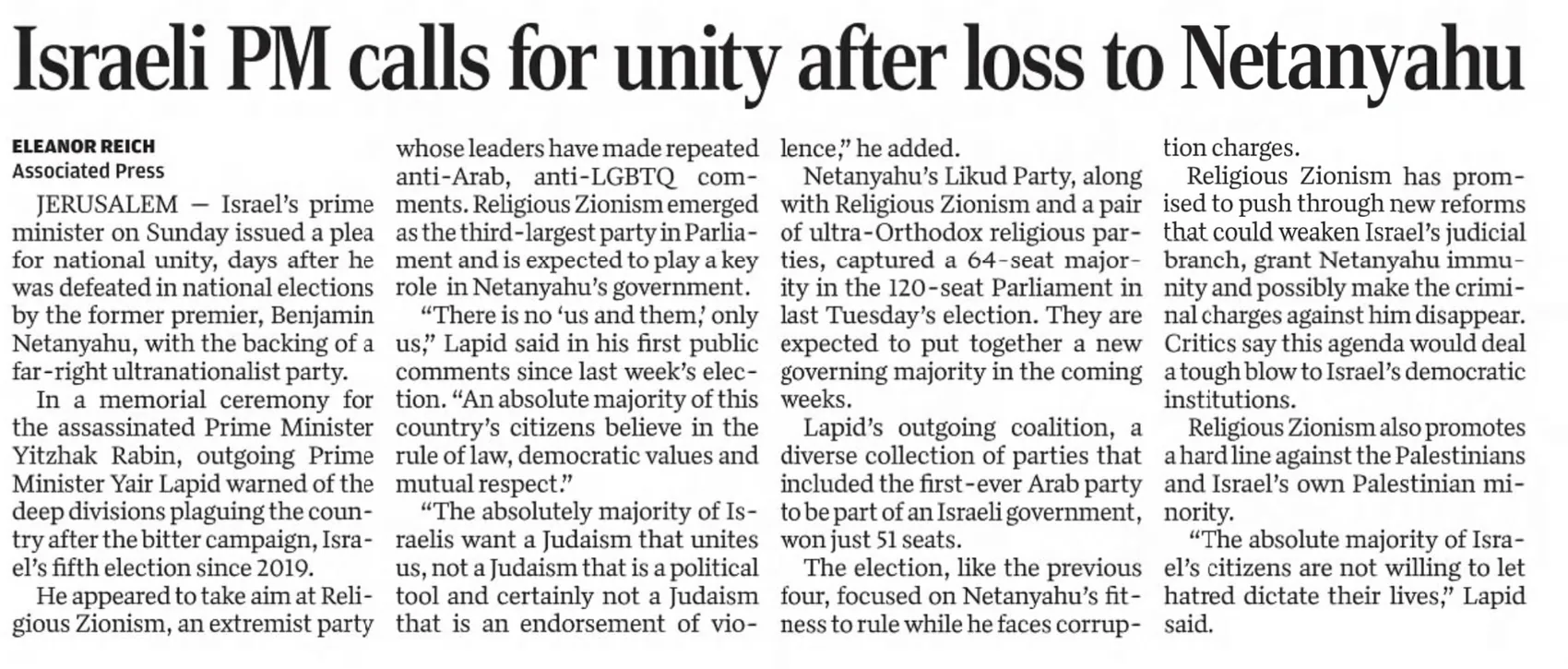 Israeli PM calls for unity after loss to Netanyahu — Bristol Herald Courier, 7 November 2022