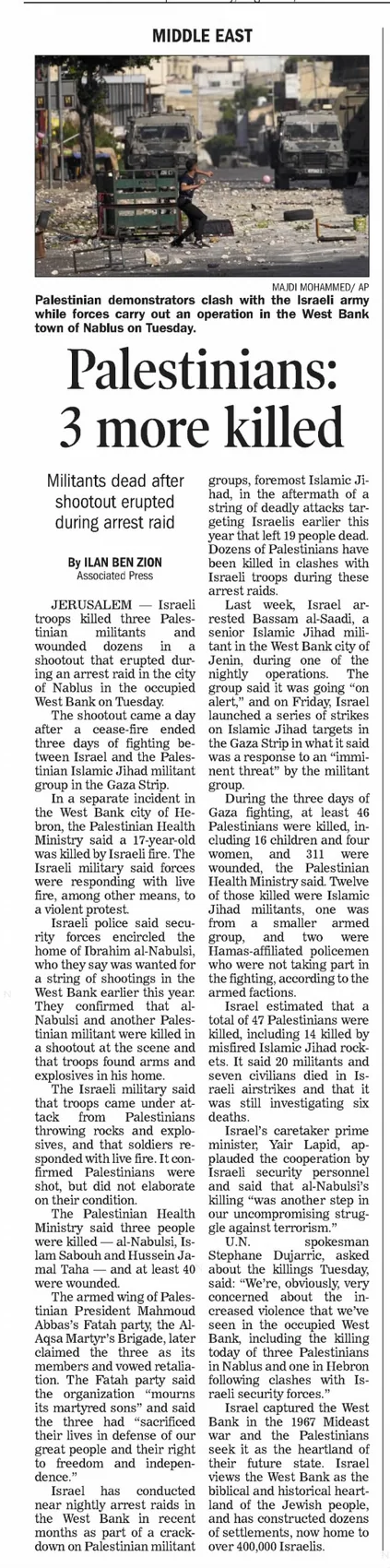 Palestinians: 3 more killed — Concord Monitor, 10 August 2022