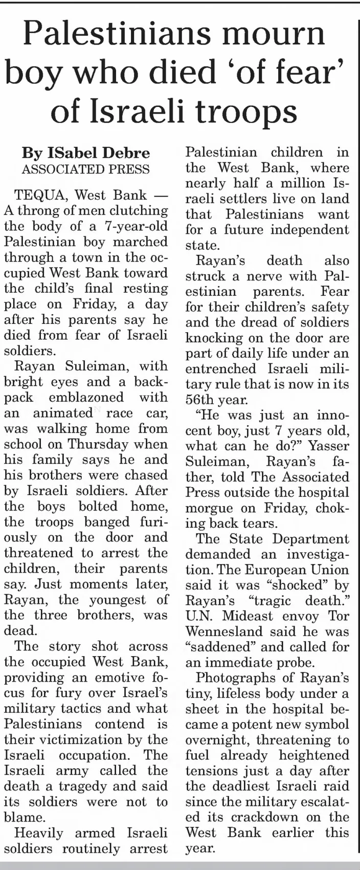 Palestinians mourn boy who died ‘of fear’ of Israeli troops — The Daily Item, 1 October 2022