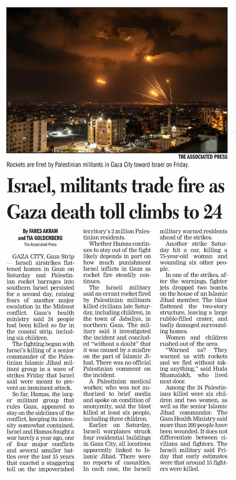 Israel, militants trade fire as Gaza death toll climbs to 24 — The Daily Sentinel, 7 August 2022