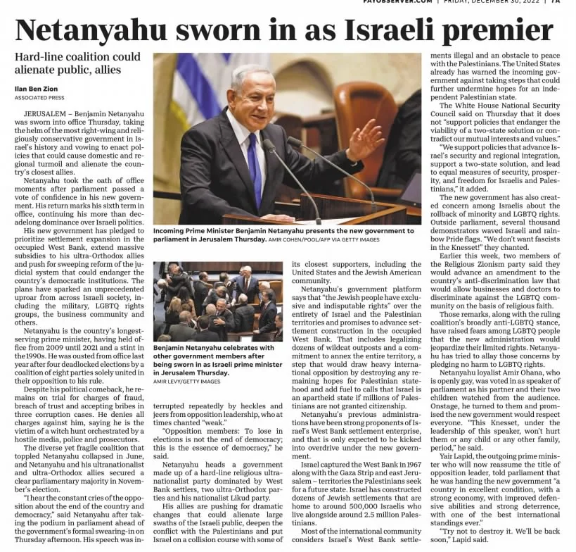 Netanyahu sworn in as Israeli premier — The Fayetteville Observer, 30 December 2022