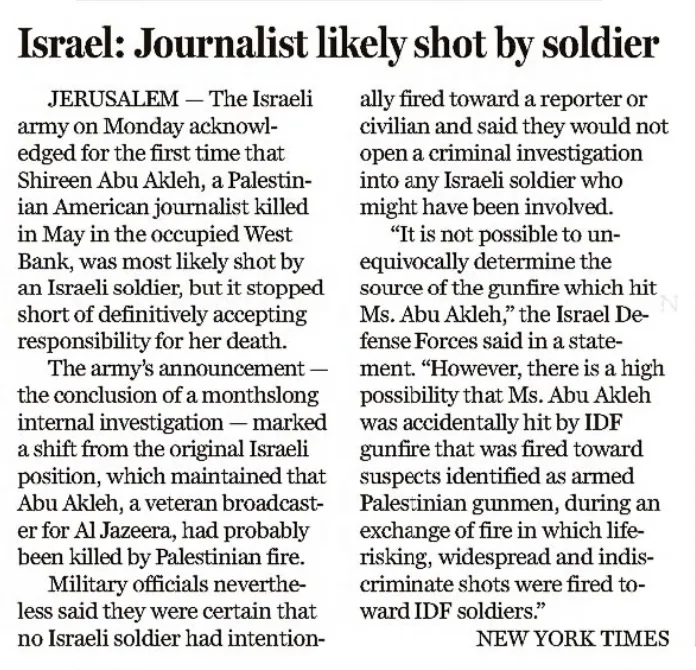 Israel: Soldier likely shot journalist — The Boston Globe, 6 September 2022