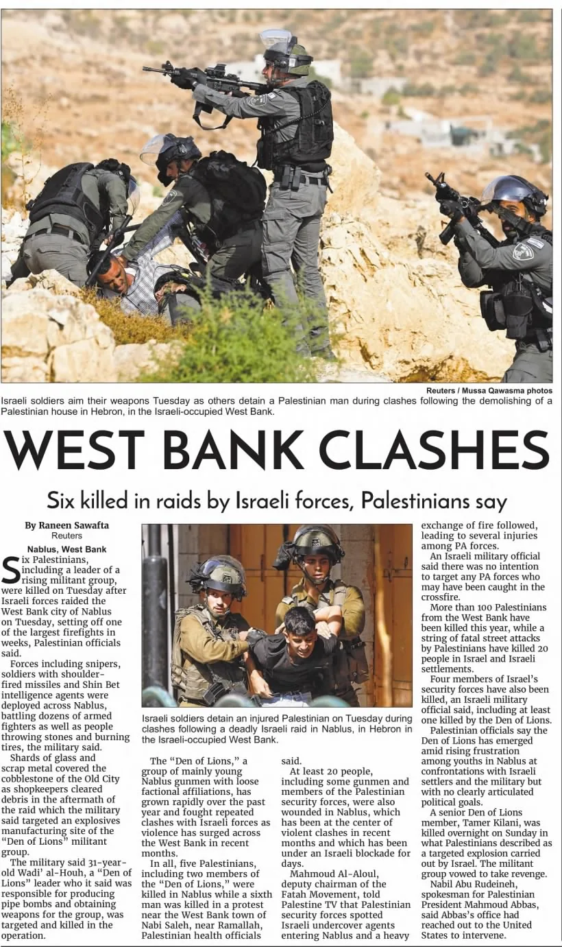 Six killed in raids by Israeli forces, Palestinians say — Grand Forks Herald, 26 October 2022