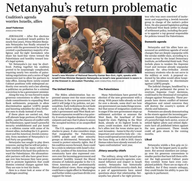 Netanyahu’s return problematic — The Herald-Times, 31 December 2022
