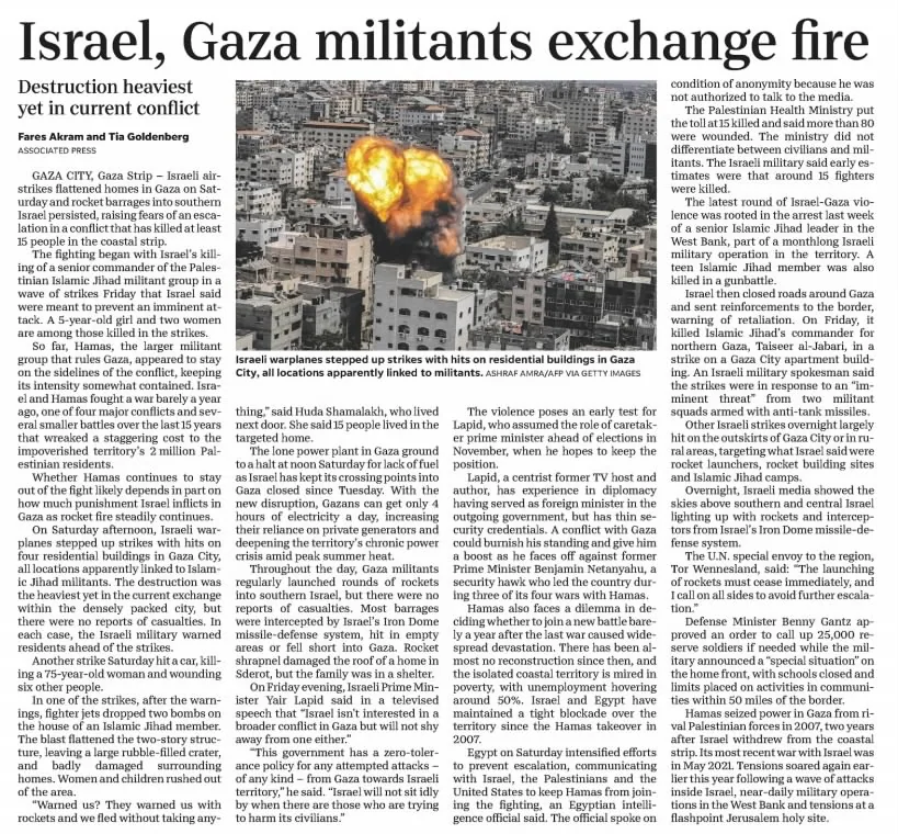 Israel, Gaza militants exchange fire — Indianapolis Star, 7 August 2022