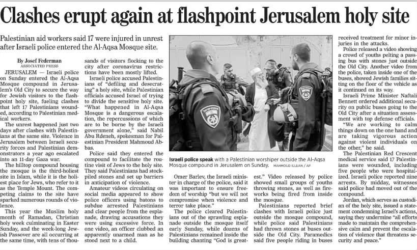 Clashes erupt again at flashpoint Jerusalem holy site — The Philadelphia Inquirer, 18 April 2022