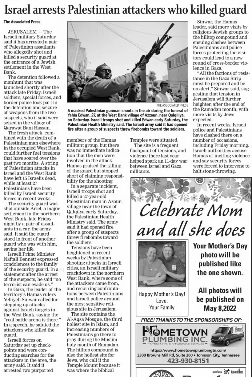 Israel arrests Palestinian attackers who killed guard — Johnson City Press, 1 May 2022
