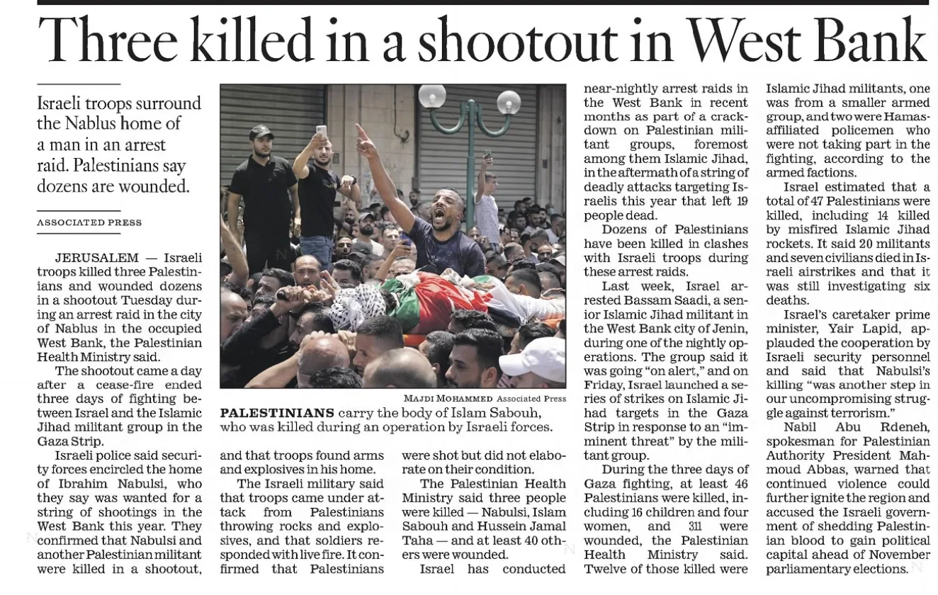 Three killed in a shootout in West Bank — Los Angeles Times, 10 August 2022