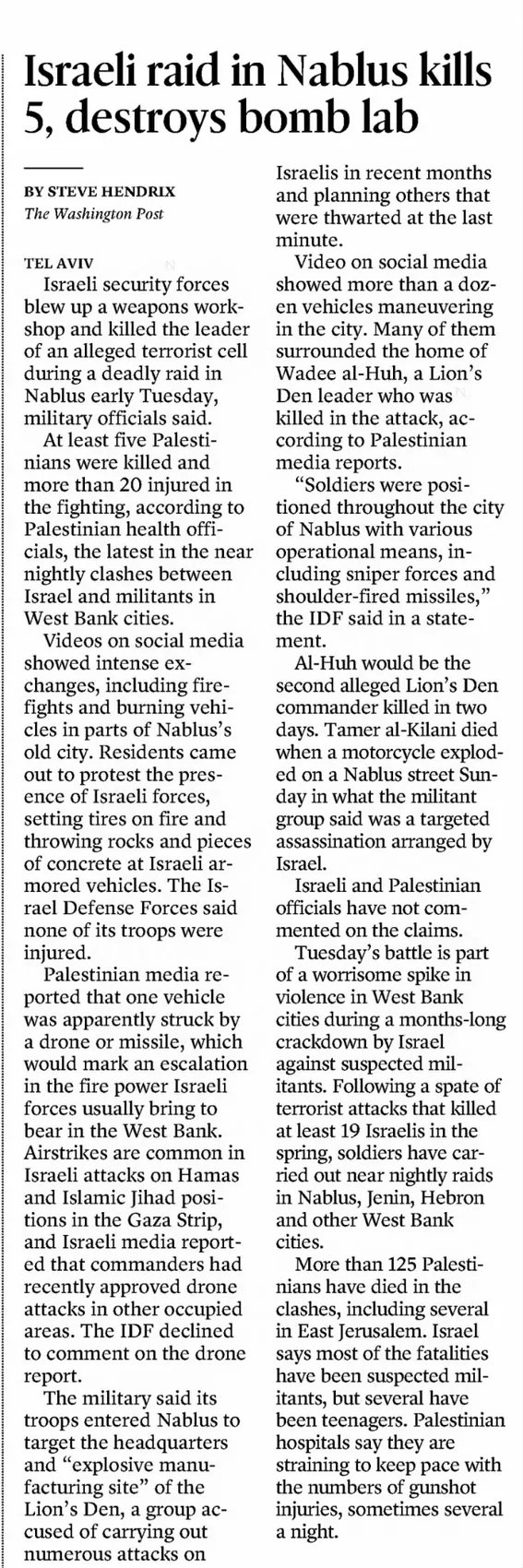 Israeli raid in Nablus kills 5, destroys bomb lab — The Miami Herald, 26 October 2022