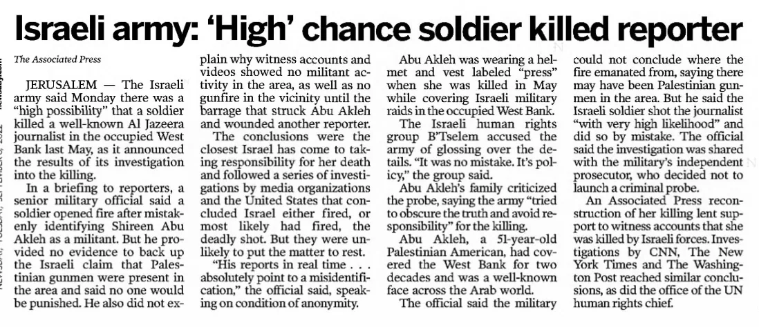 Israeli army: ‘High’ chance soldier killed reporter — Newsday, 6 September 2022