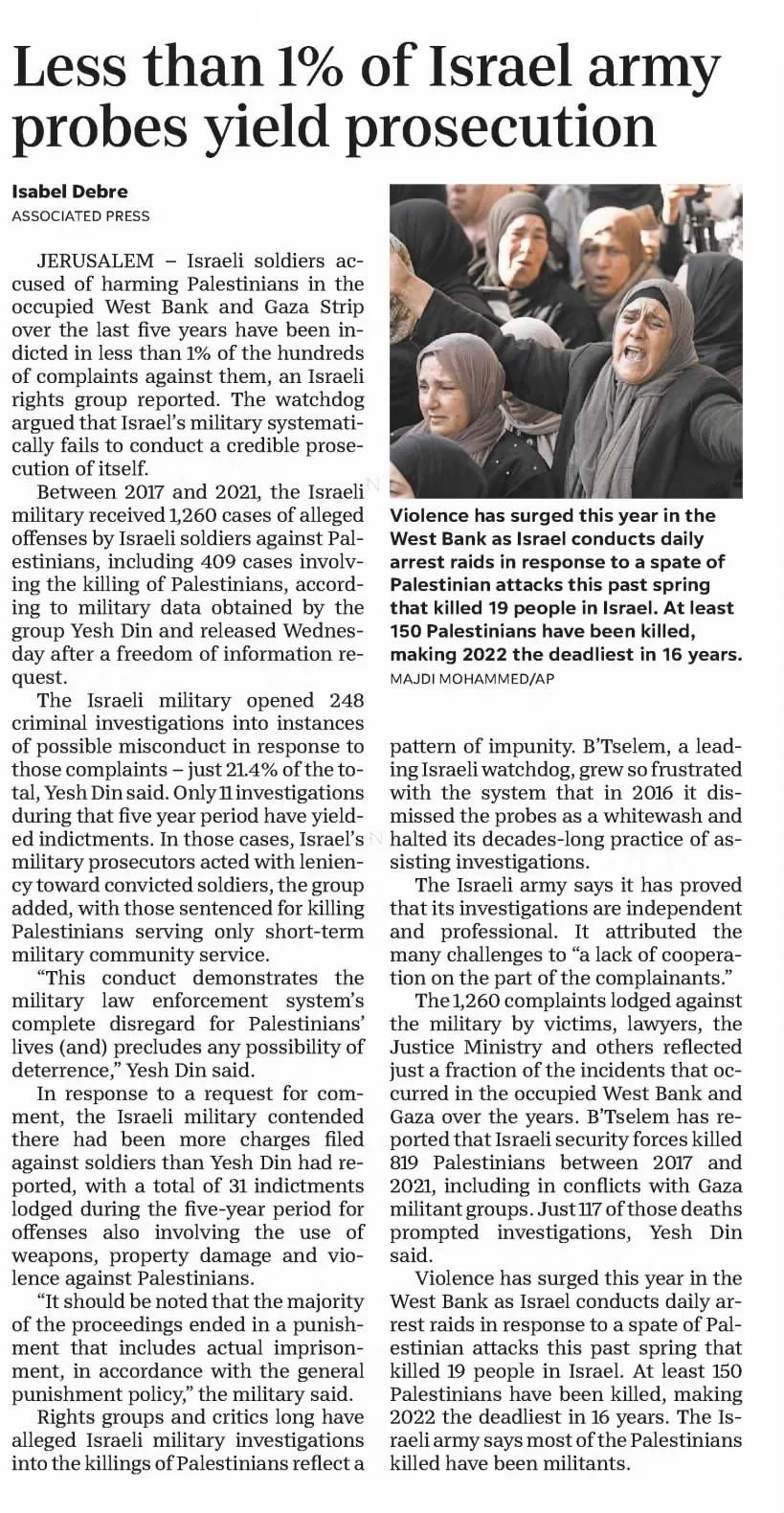 Less than 1% of Israel army probes yield prosecution — The News Journal, 25 December 2022