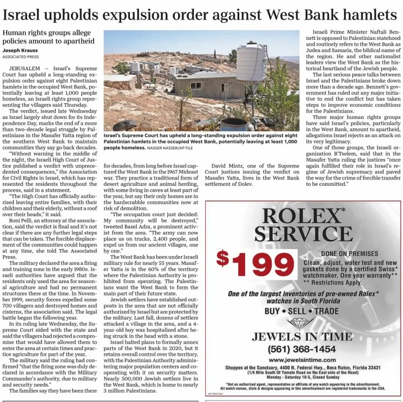 Israel upholds expulsion order against West Bank hamlets — The Palm Beach Post, 6 May 2022