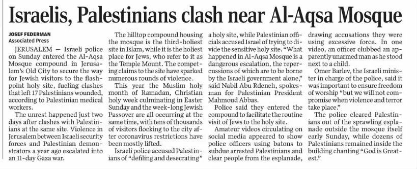 Israelis, Palestinians clash near Al-Aqsa Mosque — Portage Daily Register, 18 April 2022