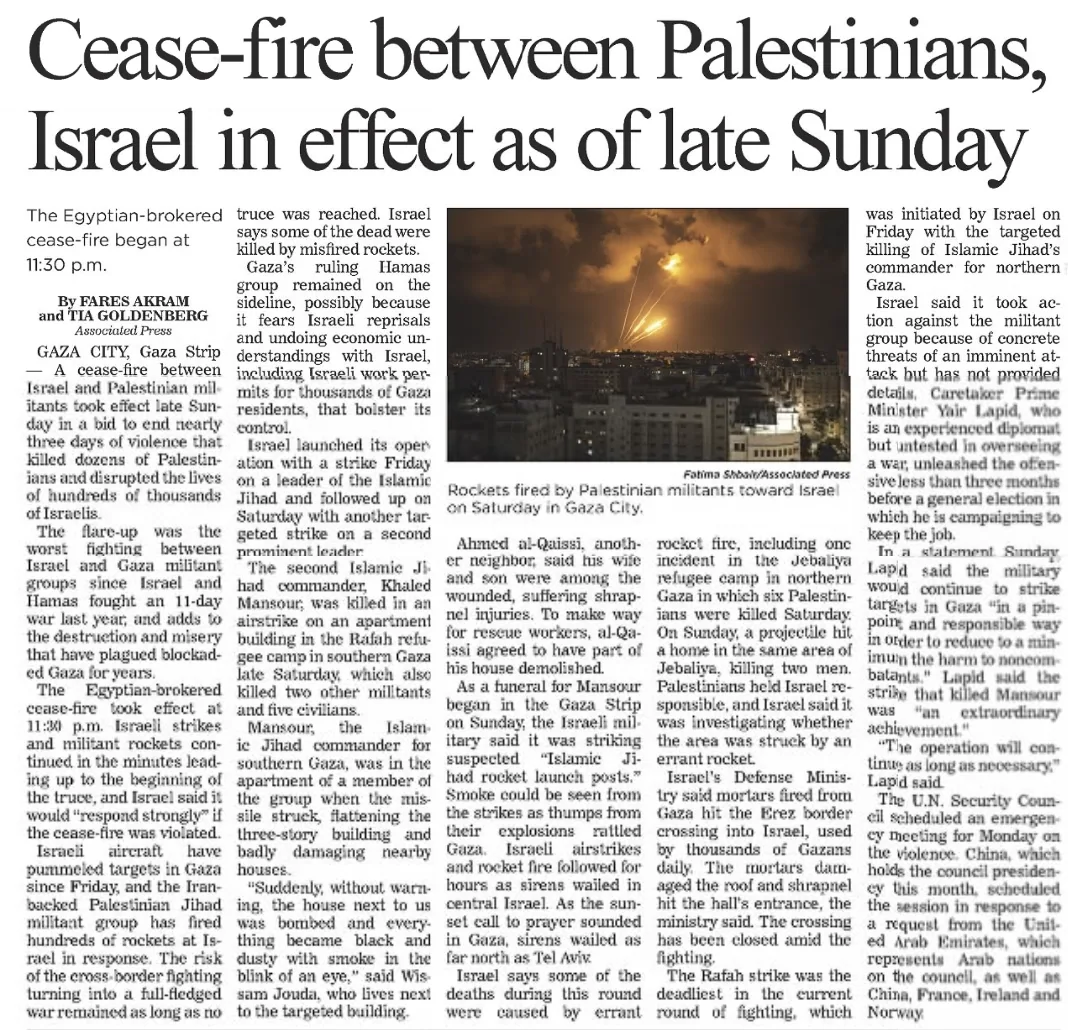 Egyptian mediators push for cease-fire in Gaza — Portland Press Herald, 8 August 2022