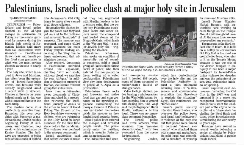 Palestinians, Israeli police clash at major holy site in Jerusalem — Portland Press Herald, 16 April 2022